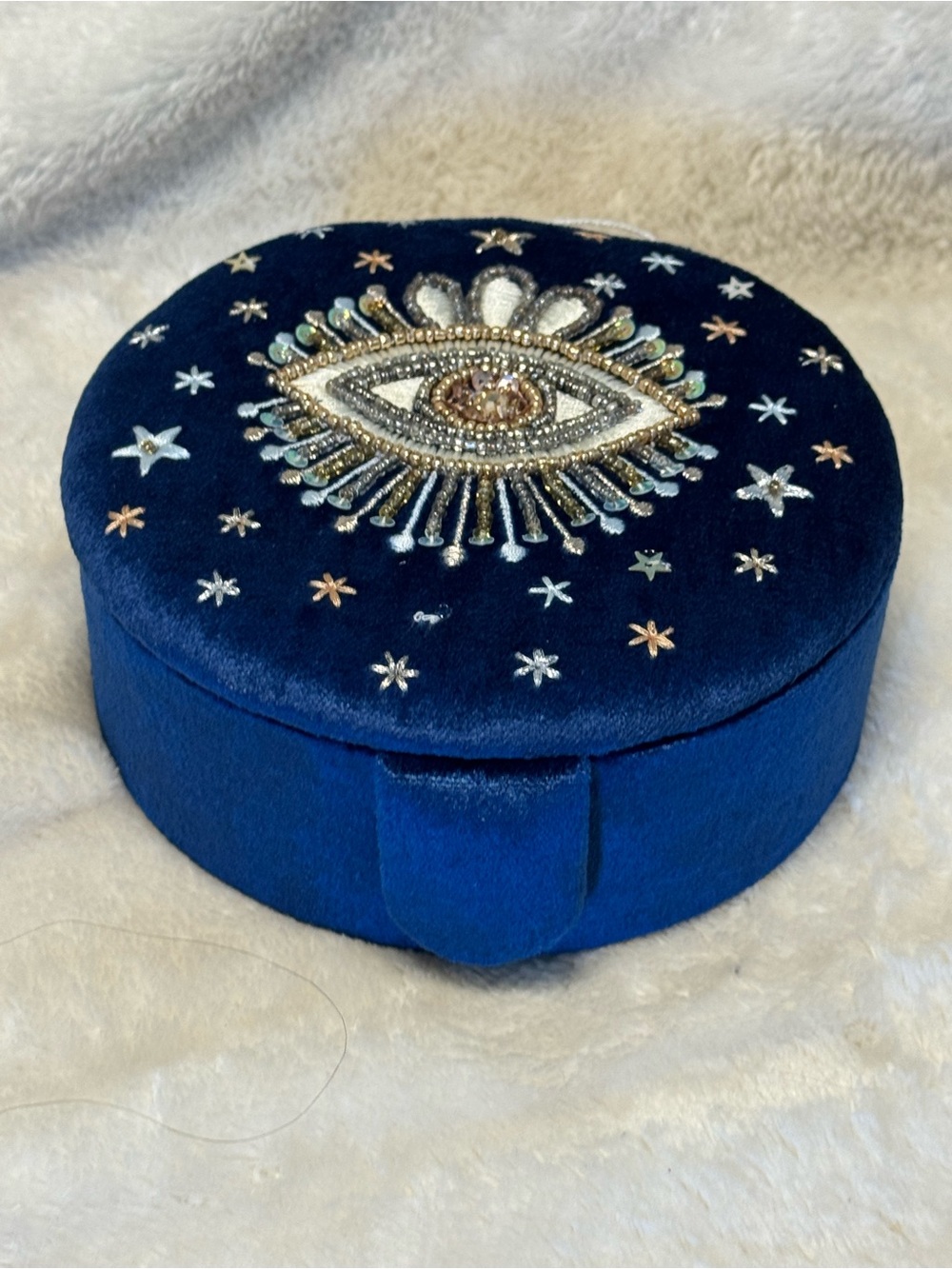 Round Navy Velvet Evil Eye Jewelry Box with Beaded Embroidery-Made in India